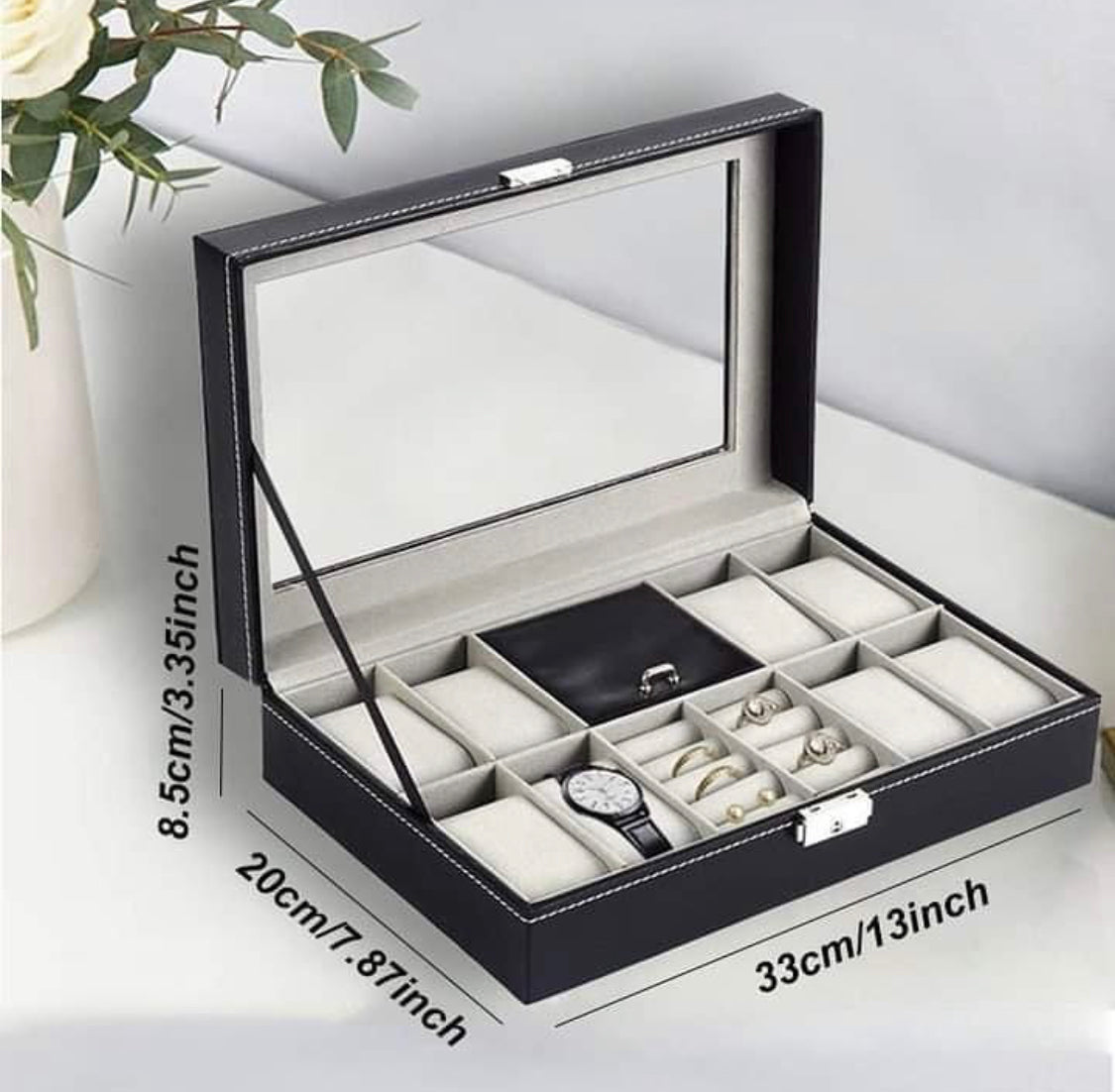 8 Slot Watch+Ring Organizer Leather Watch Box with Lock System