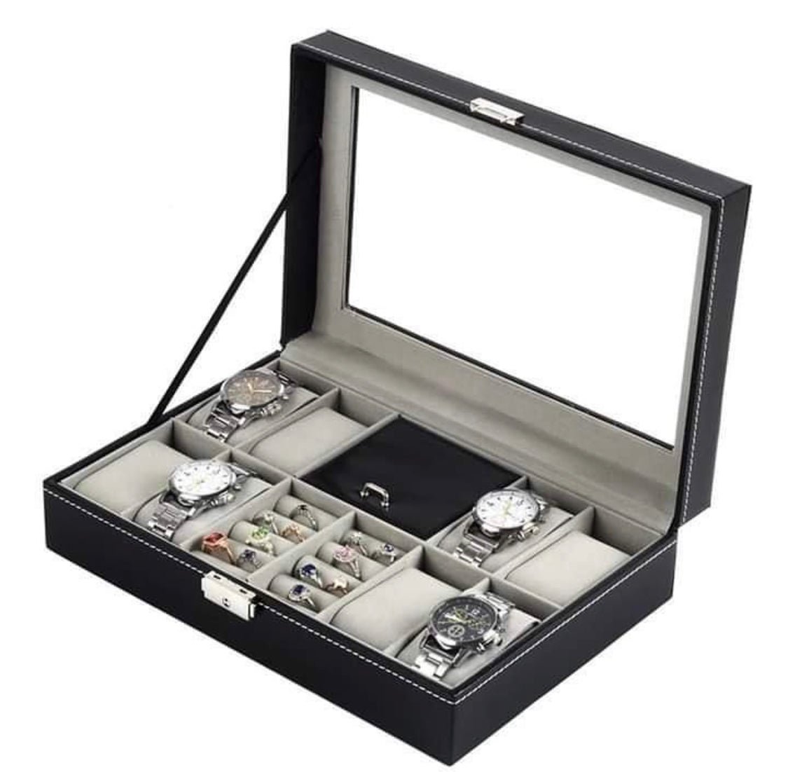 8 Slot Watch+Ring Organizer Leather Watch Box with Lock System