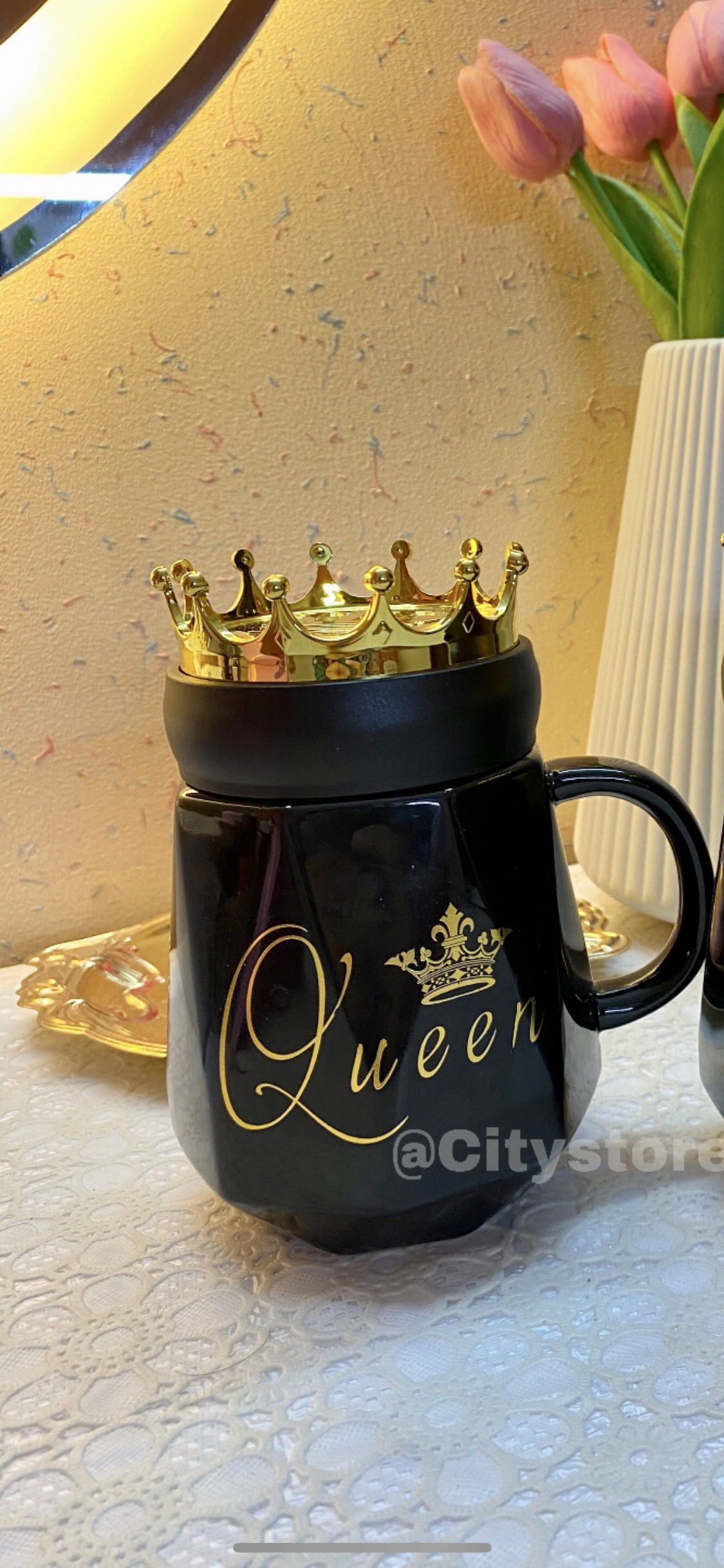 New King & Queen Crown Couple Mugs Set With Gift Box Packaging