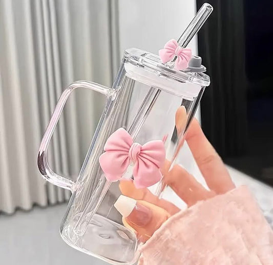400ml Bow Coffee Glass with Straw and Lid